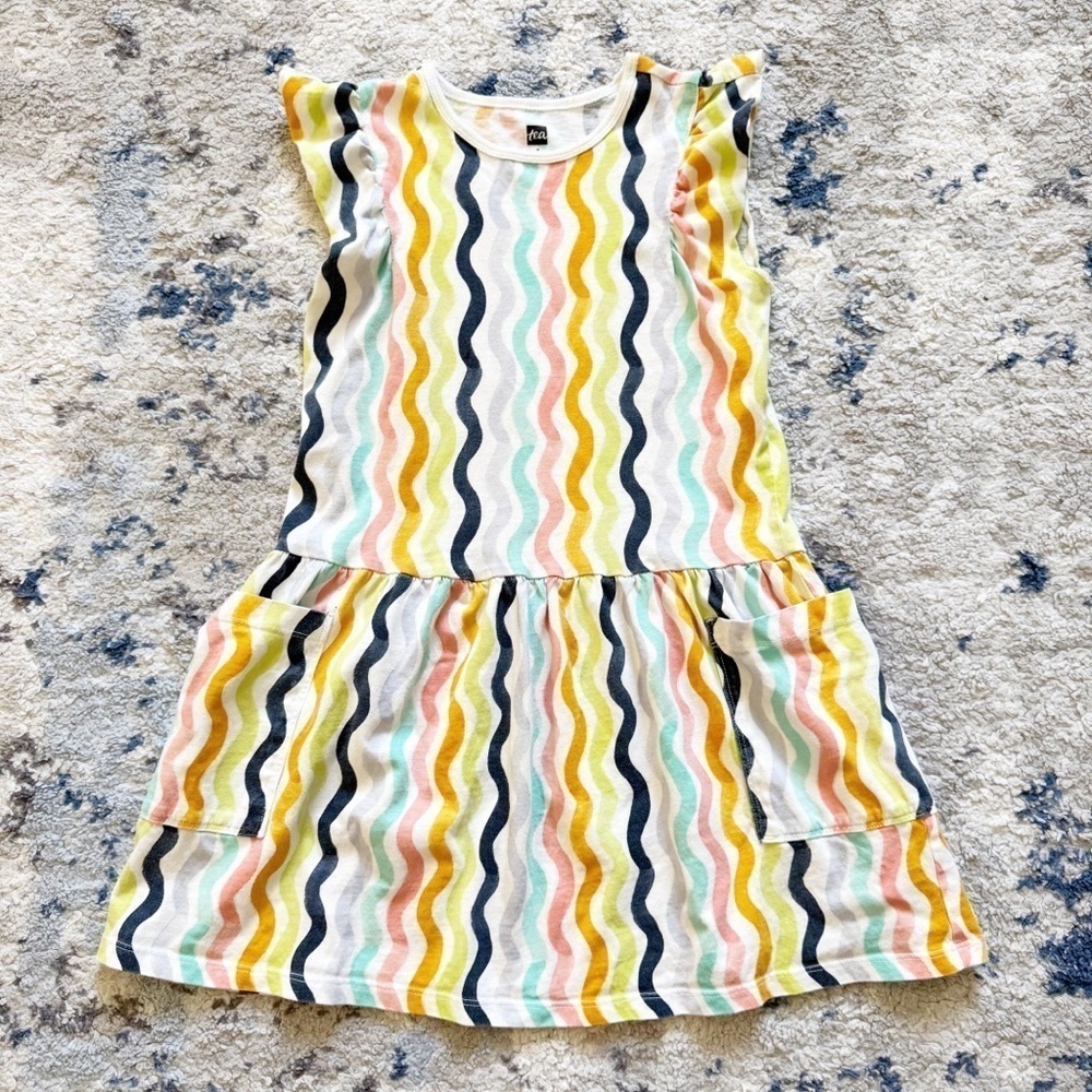 Tea Colorful Stripe Ruffle Sleeve Drop Waist Dress Size 7